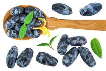 Fresh honeysuckle blue berry isolated on white background with full depth of field. Top view with...