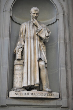 Statue of Italian Renaissance diplomat and writer Niccolo Machiavelli outside the Uffizi Gallery in Florence, Italy. Father of Modern Political Science.