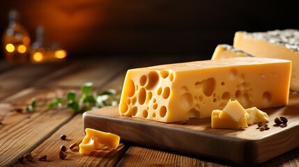 Yellow Hard cheese with holes on wooden deco. The fermented milk product is cut into pieces. Cooking ingredient and wine accompaniment.
