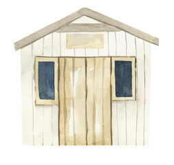 Watercolor beach hut illustration, Wooden beach house png
