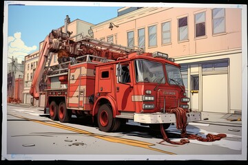Illustration of a drawing storyboard featuring a fire truck. Generative AI
