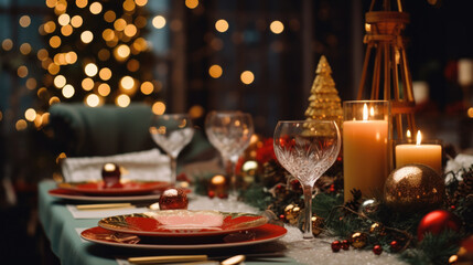 christmas table setting with glasses and candels