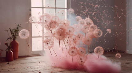 Fluffy pink dandelions flying in the air in the room