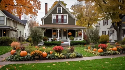 Fototapeten A suburban American house in fall AI generative © Jordan