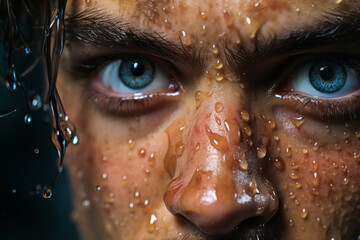 Close-up portrait of a determined athlete, with droplets of sweat, blue eyes and an expression of courage. Perfect for conveying determination and resilience. - obrazy, fototapety, plakaty