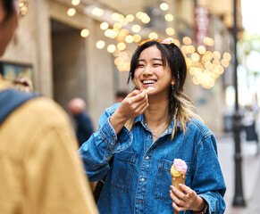 city young woman travel tourist outdoor couple happy vacation lifestyle holiday street summer urban tourism traveler town journey trip ice cream dessert food