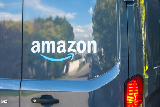 Calgary, Alberta, Canada. Sep `12, 2023. A close up to an Amazon logo on a delivery truck