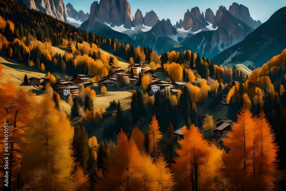Aufkleber an image of the a beautiful mountain range during a vibrant autumn day - ai generative
