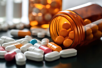 Pills spilling out of pill bottle on black background. Pharmacy drugstore concept.