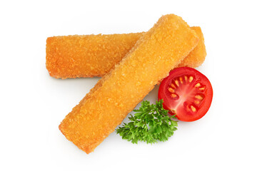Fish finger or stick with parsley isolated on white background with full depth of field. Top view. Flat lay.