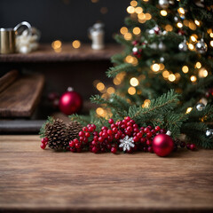 Christmas Decorations with Wooden Table and Product Space