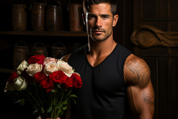 Valentine's hunk with chiseled abs holds a vibrant red rose bouquet against a romantic backdrop – perfect for February calendar days, igniting love, fitness and charm. - Powered by Adobe
