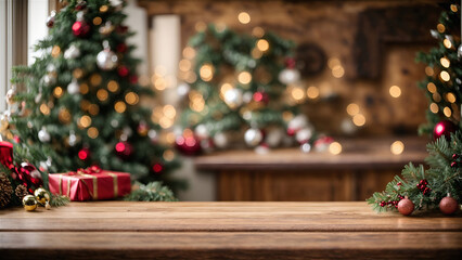 Fototapeta na wymiar The wooden countertop from the front perspective, the central space of the picture is used for ready to mockup, the background is an out-of-focus Christmas setup & decoration,