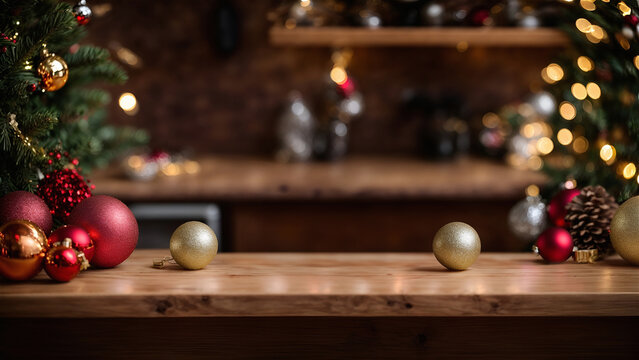 The wooden countertop from the front perspective, the central space of the picture is used for ready to mockup, the background is an out-of-focus Christmas setup & decoration
