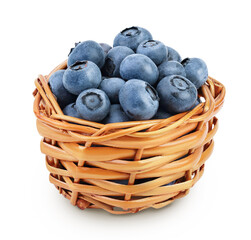 blueberry in wicker basket isolated on white background