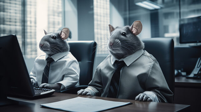 Two rats at a computer in an office setting symbolizing the nuances of corporate life and the relentless rat race.