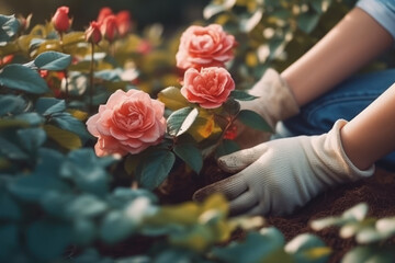 Female gardener working in the garden. Close-up of female hands in gloves planting rose bush.