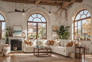 A Modern Living Room Interior Design Featuring a Beige Sofa Adorned with Terra Cotta Pillows, Set Against an Arched Window Near a Stucco Wall with Ample Copy Space