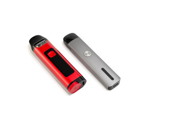 New system electronic cigarettes on white background. Vape pod system or pod mod. Small and lightweight nicotine vapor sticks with replaceable cartridges.