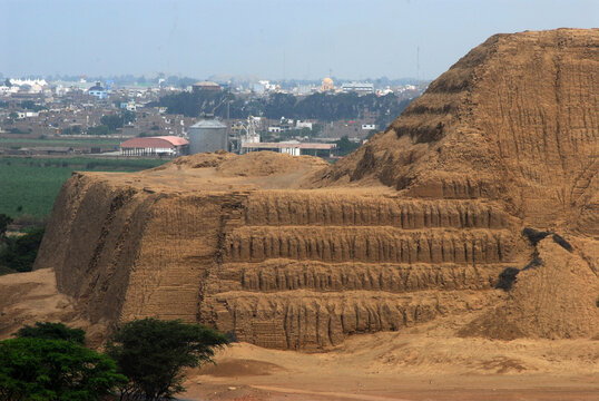 Temple of the Sun (Huaca del Sol). Large historic adobe temple from the Moche culture located close to Trujillo in Peru.