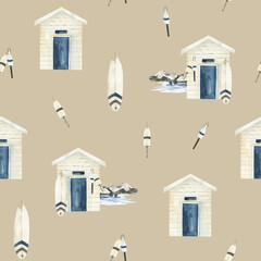 Watercolor seamless pattern, nautical design, beach hut, surf elements. Fishing village print on beige background.