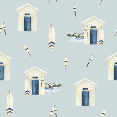 Watercolor seamless pattern, nautical design, beach hut, surf elements. Fishing village print on blue background.