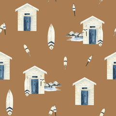 Watercolor seamless pattern, nautical design, beach hut, surf elements. Fishing village print on brown background.