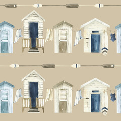Watercolor seamless pattern, nautical design, beach huts. Fishing village print on beige background