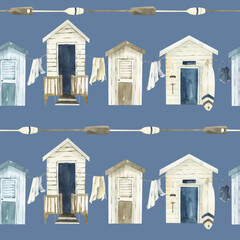 Watercolor seamless pattern, nautical design, beach huts. Fishing village print on blue background