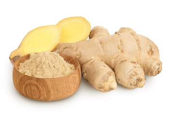 fresh ginger and ground ginger in wooden bowl isolated on white background