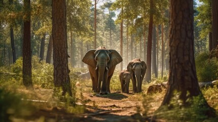 Fototapeta premium elephants walking with their calf on a forest plain