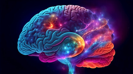 Abstract fantasy illustration of a glowing vibrant neon brain with energy reactions. Isolated on a black background. 
