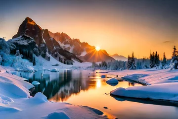 Tuinposter sunrise over the mountains and  glaciers are melting © Ahsan
