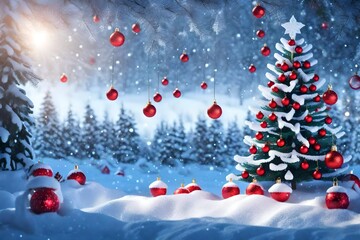 Naklejka na ściany i meble Beautiful Festive Christmas snowy background with holiday lights. Christmas tree decorated with red balls and knitted toys in forest in snowdrifts in snowfall on nature outdoors, panoramа