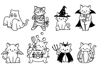 Set of cute kittens in Halloween costume. Hand drawn outline vector design. 