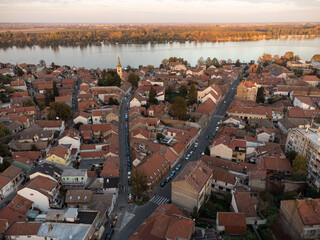 Drone view of sunset above Zemum district, Belgrade, Serbia, Europe. 4K