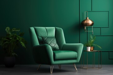 Bright and cozy modern living room interior with green armchair