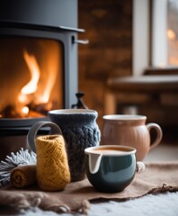 Two mugs for tea or coffee, woolen things near cozy fireplace, in country house, winter vacation, 