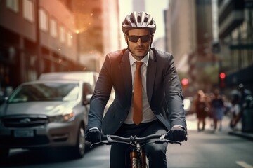 businessman wearing helmet biking with bicycle on road - obrazy, fototapety, plakaty