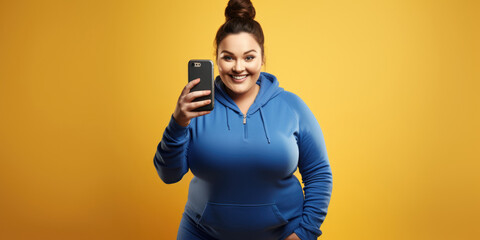 Happy young ginger chubby overweight woman holding mobile cell phone on plain yellow background studio portrait, generative ai - obrazy, fototapety, plakaty