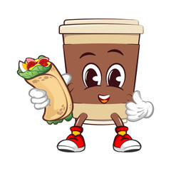 Cute happy coffee paper cup mascot giving thumbs up with burrito. Isolated vector flat cartoon character illustration icon design. Coffee to go, take away concept