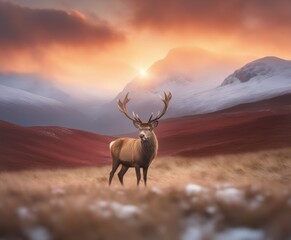 red deer stag in Beautiful Alpen Glow hitting mountain peaks in Scottish Highlands during stunning Winter landscape sunrise