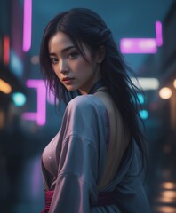 a asian girl in a dress standing in a city at night 