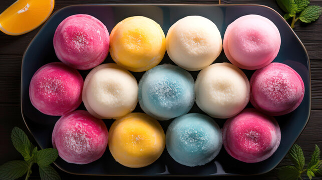 Set of delicious colorful mochi on a plate on a dark wooden table