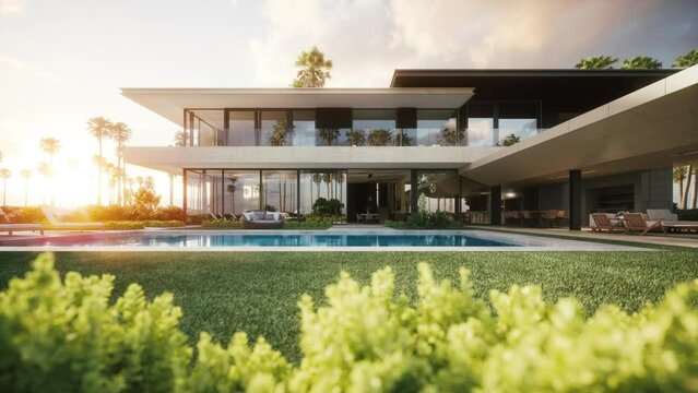 Modern minimalist house exterior. Modern private house exterior with pool at sunset. 3d animation