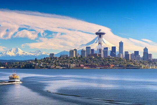 Seattle skyline with Mount Baker, downtown, and ferry on Elliot Bay. Generative AI