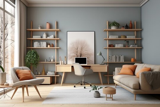 Scandinavian-style living room with a home office featuring a wall mockup, rendered in 3D. Generative AI