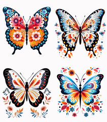 Obraz premium Colorful floral butterflies isolated on a white background clipart set. Clipart for crafts, art projects, scrapbooking