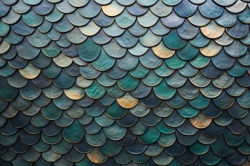Arrangement of 3D tiles forming a fish scale wall on a textured semigloss background made from natural stone blocks. Generative AI