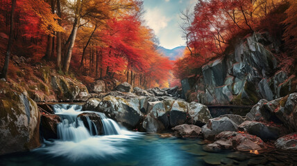 beautiful autumn forest with waterfall and waterfall